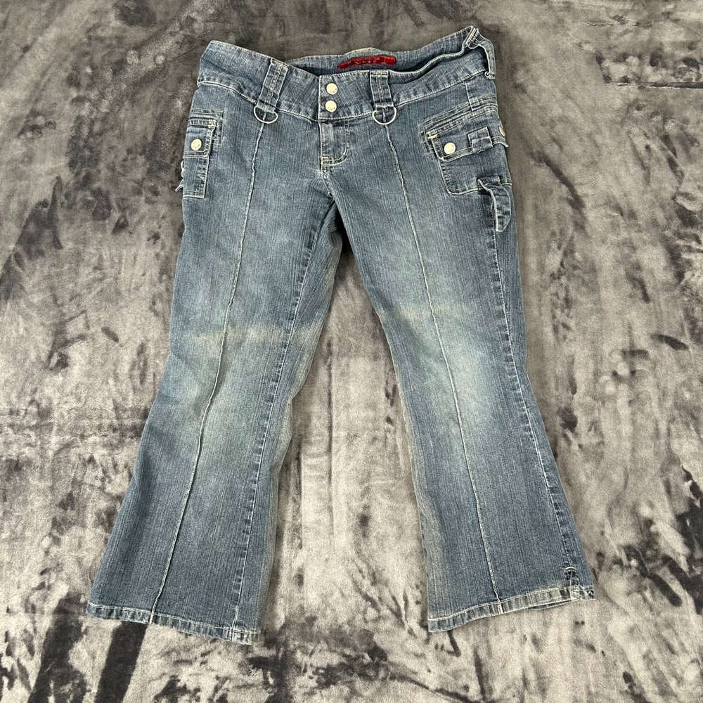 YMI Jeans Flare Cargo Juniors Size 7 Blue Y2K Low Rise D-Ring Denim‎ Pants